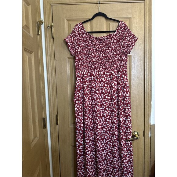 Milkmaid Floral Maxi Dress Red Smocked Cottagecore Front Splits 18/20 - Picture 4 of 6